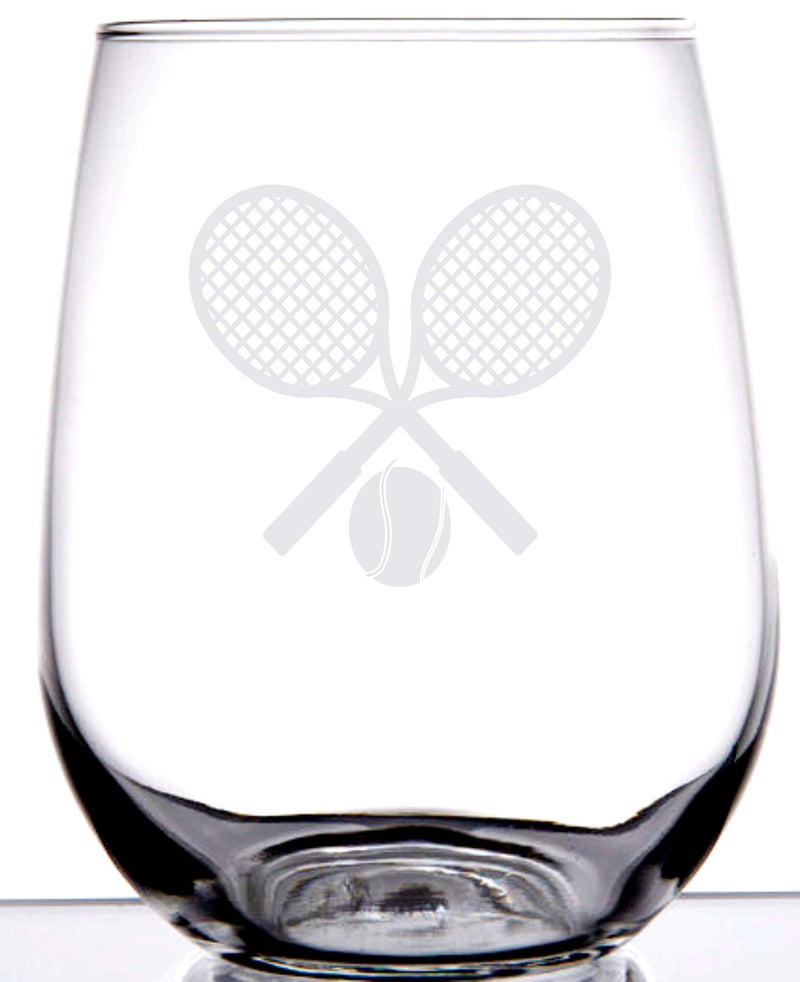 IE Laserware Tennis Lovers Stemless Wine Glass | Charming Laser Etched Wine Glass | Perfect for Men Women or Partners Players | Birthday | Anniversary | Christmas